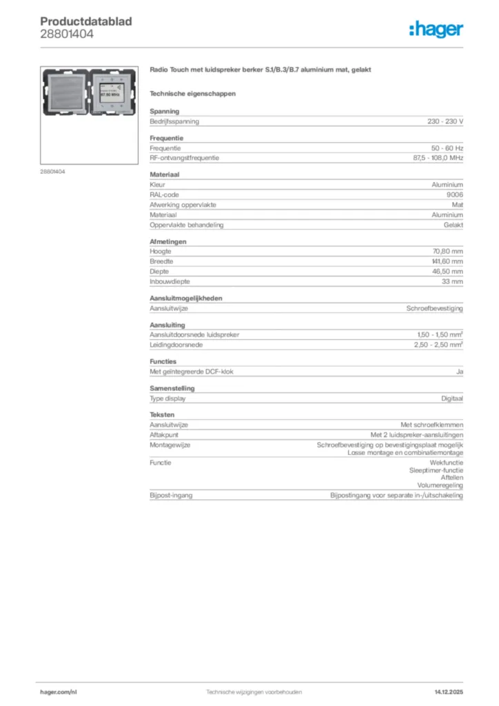 Afbeelding Hager Productdatablad 28801404 | Hager Nederland