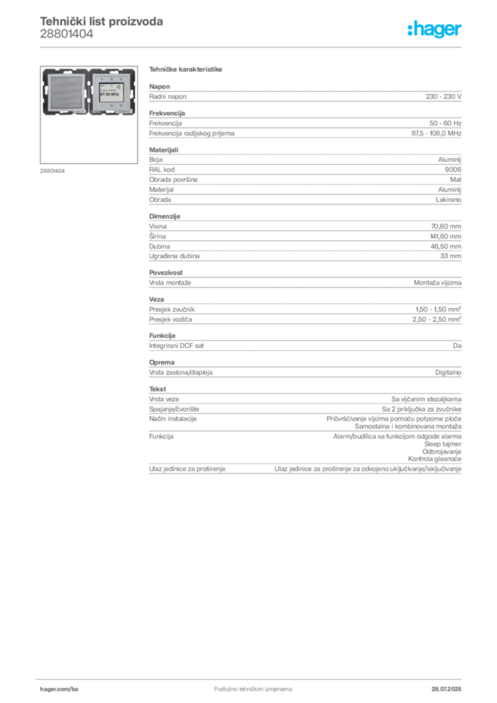 Slika Hager Product data sheet 28801404  | Hager