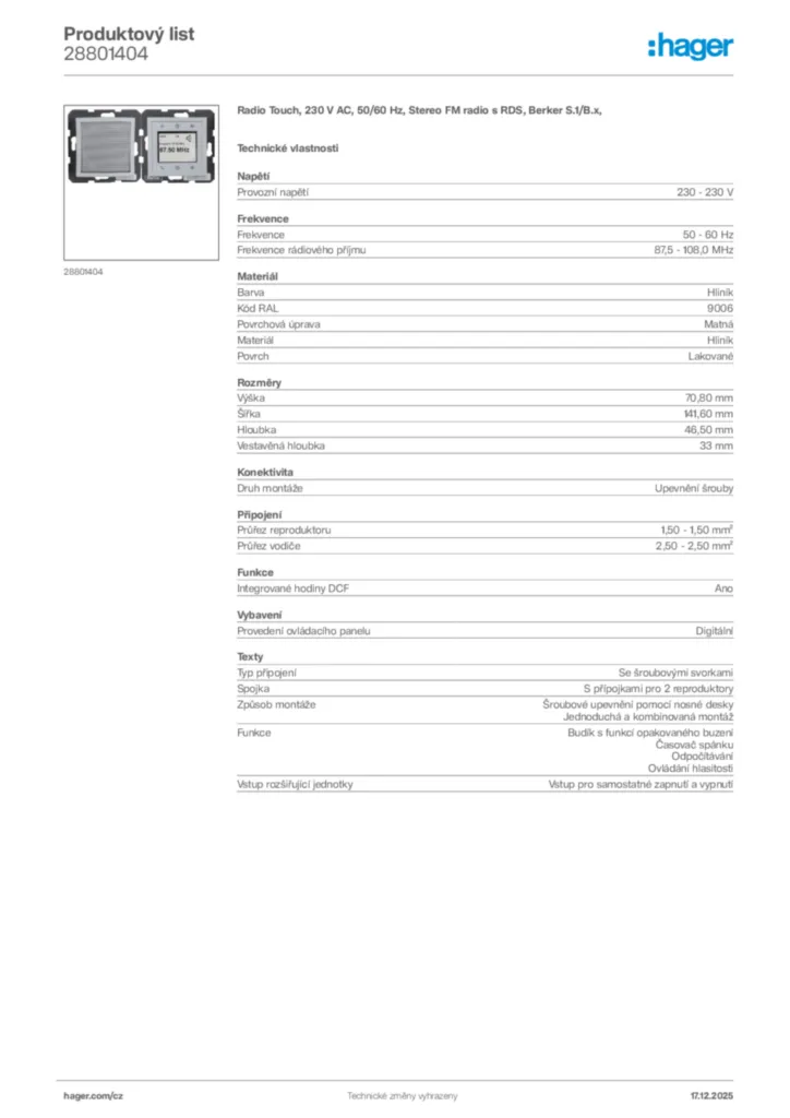 Obrázek Hager Produktový list 28801404 | Hager