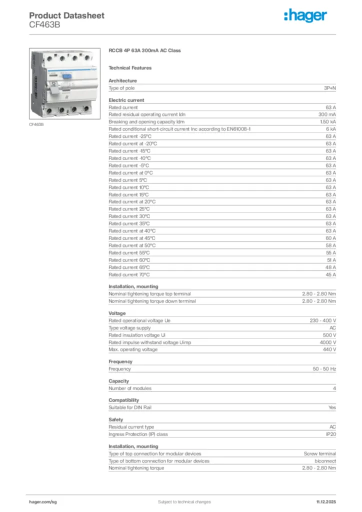 Image Hager Product data sheet CF463B  | Hager