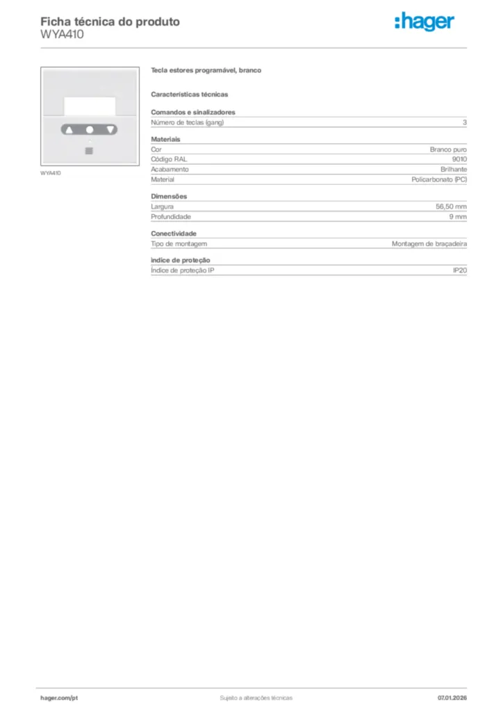 Imagem Hager Ficha técnica do produto WYA410 | Hager Portugal