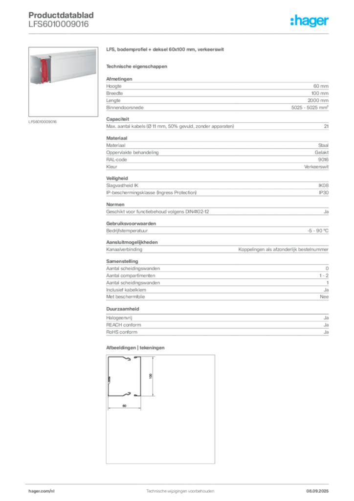 Afbeelding Hager Productdatablad LFS6010009016 | Hager Nederland