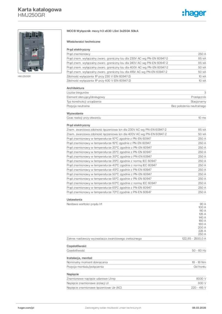 Zdjęcie Hager Karta katalogowa HMJ250GR | Hager Polska