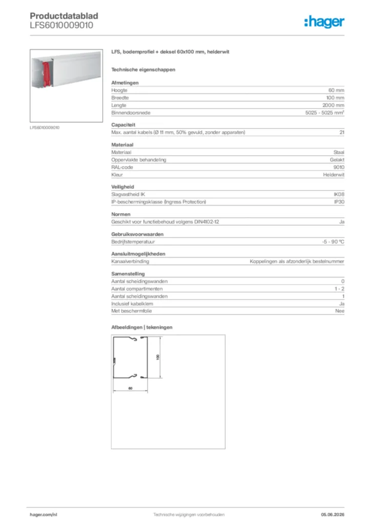 Afbeelding Hager Productdatablad LFS6010009010 | Hager Nederland