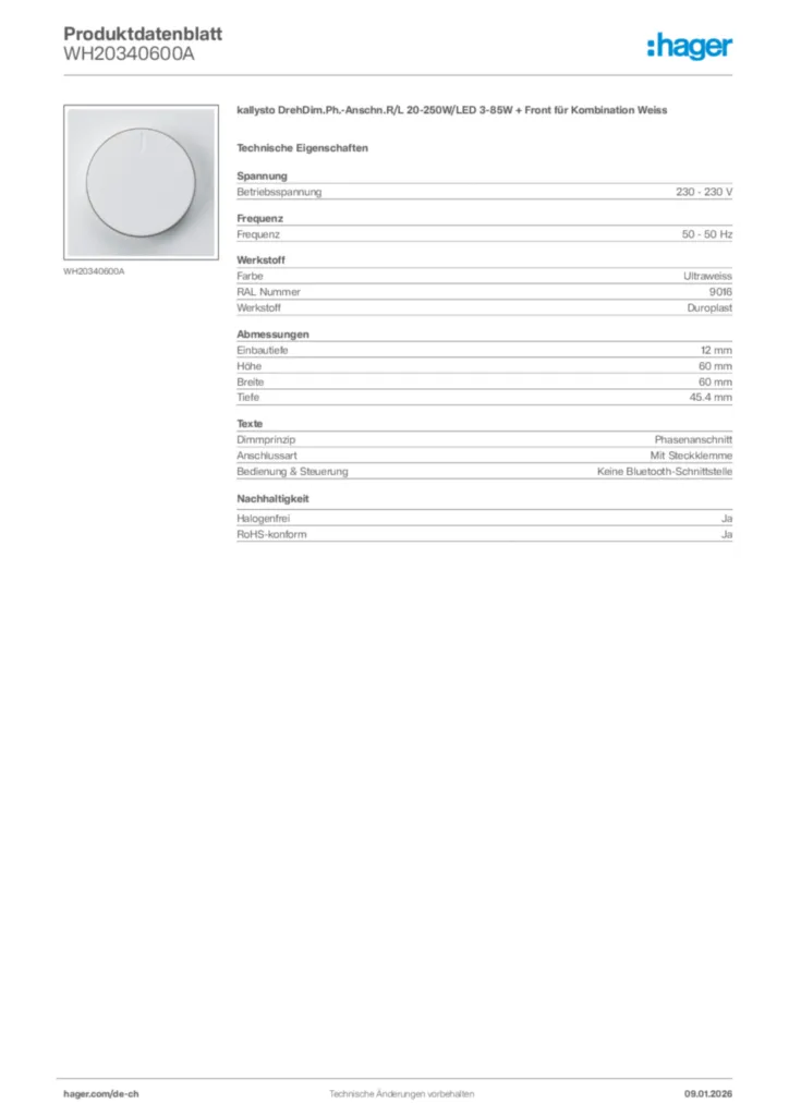Bild Hager Produktdatenblatt WH20340600A | Hager Schweiz