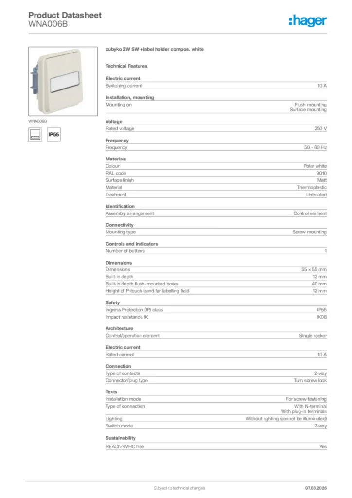 Image Hager Product data sheet WNA006B  | Hager Africa