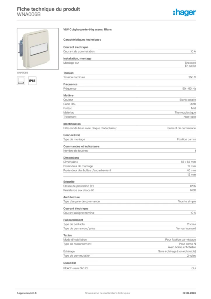 Image Hager Fiche technique du produit WNA006B | Hager Afrique