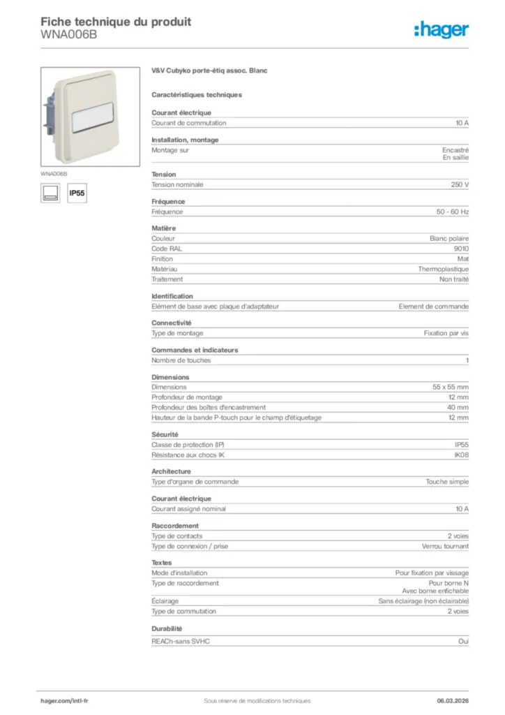 Image Hager Fiche technique du produit WNA006B | Hager Afrique