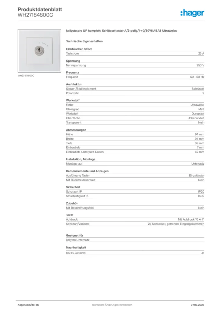 Bild Hager Produktdatenblatt WH27184800C | Hager Schweiz