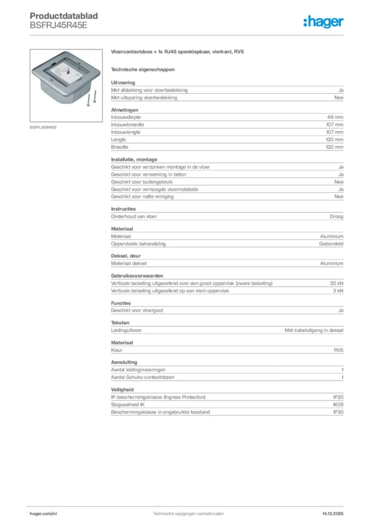 Afbeelding Hager Productdatablad BSFRJ45R45E | Hager Nederland