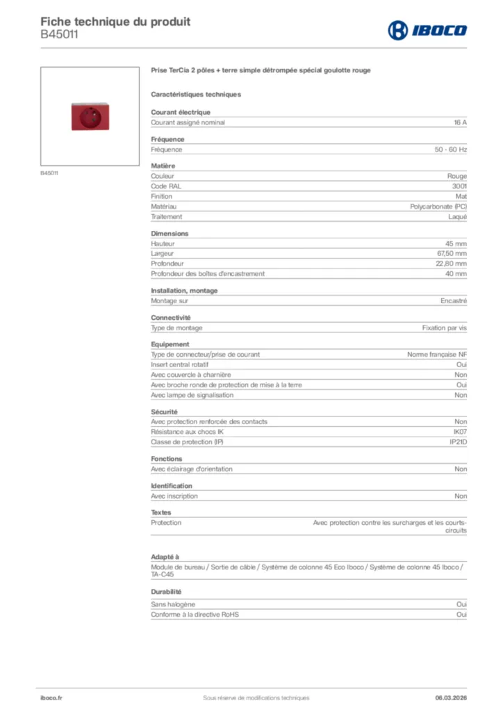 Image Iboco Fiche technique du produit B45011 | Hager France