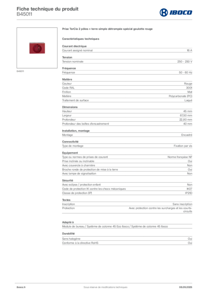 Image Iboco Fiche technique du produit B45011 | Hager France