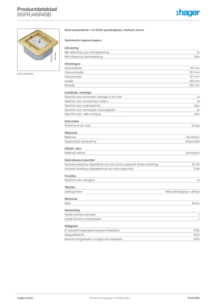 Afbeelding Hager Productdatablad BSFRJ45R45B | Hager Nederland