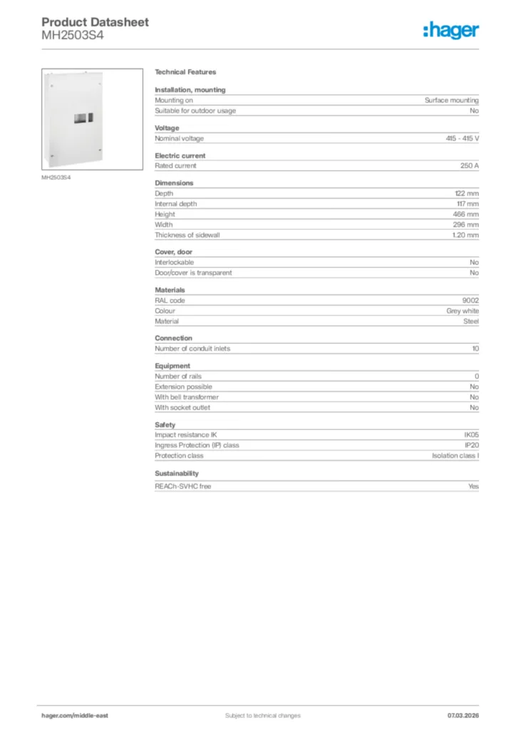 Image Hager Product data sheet MH2503S4  | Hager