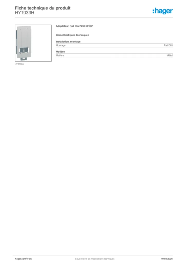 Image Hager Fiche technique du produit HYT033H | Hager Suisse