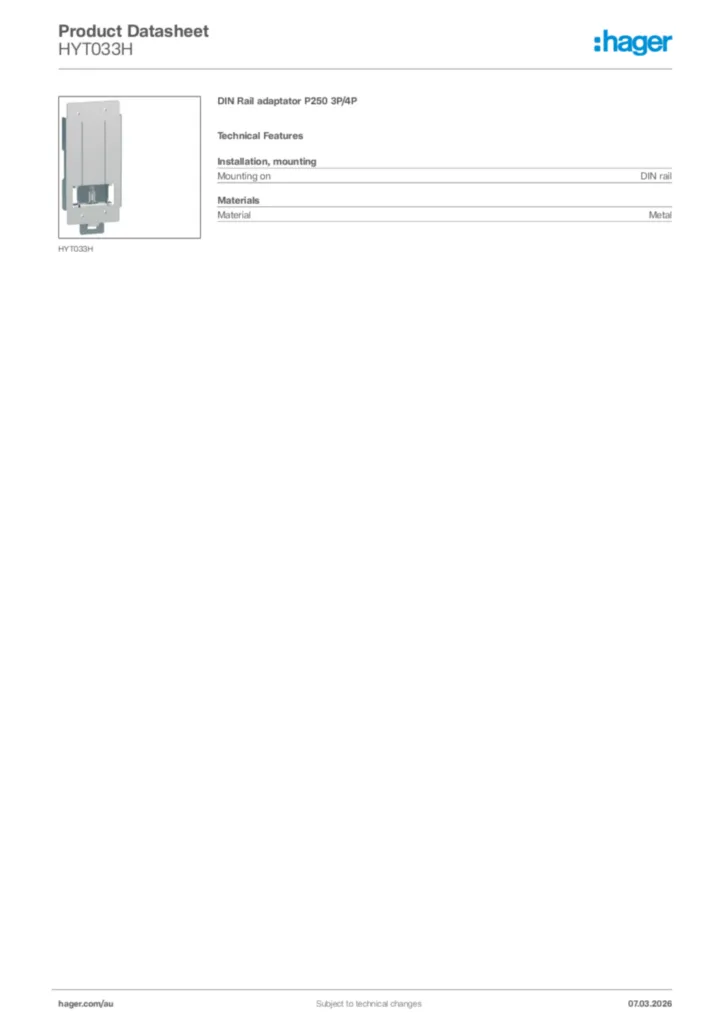 Image Hager Product data sheet HYT033H  | Hager Australia