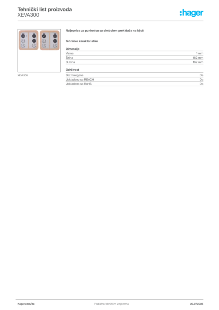 Slika Hager Product data sheet XEVA300  | Hager