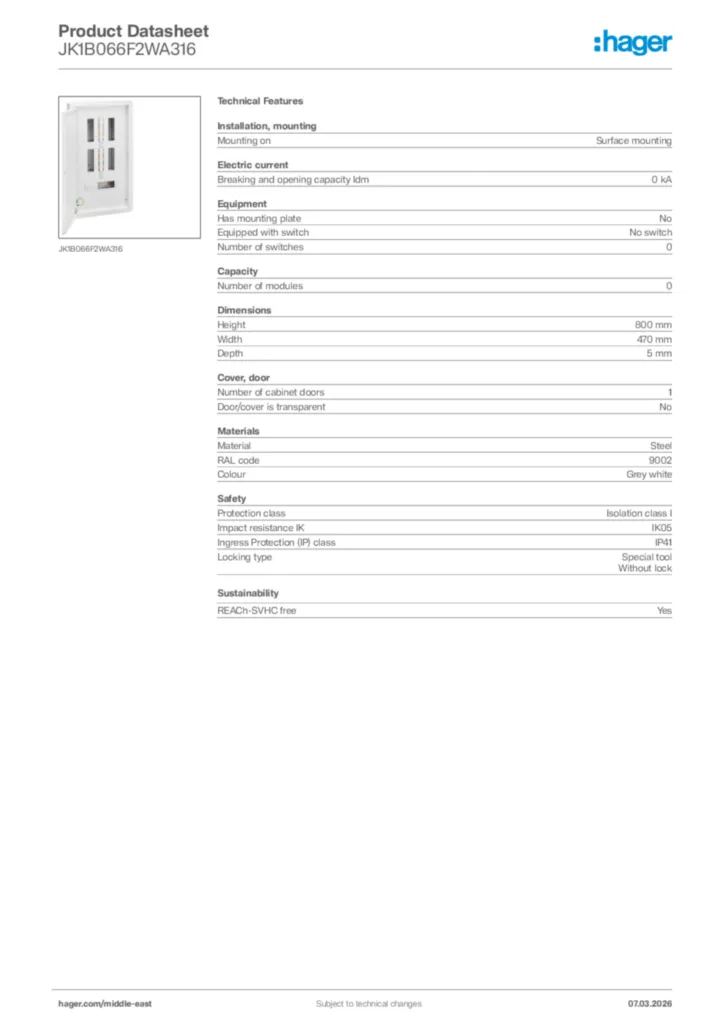 Image Hager Product data sheet JK1B066F2WA316  | Hager
