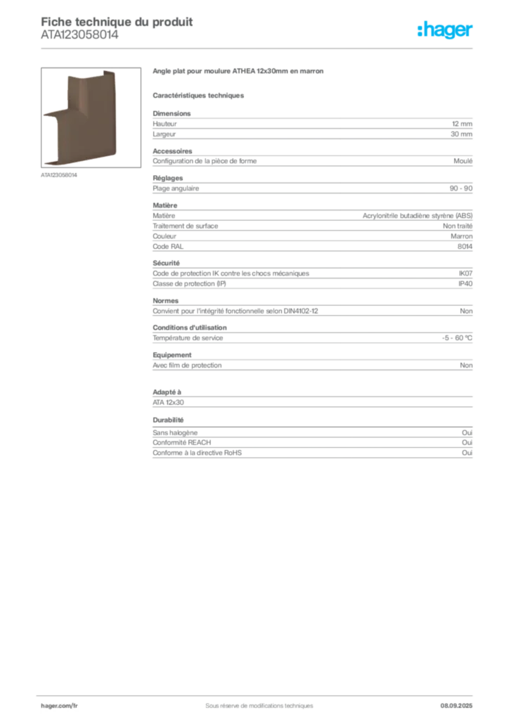 Image Hager Fiche technique du produit ATA123058014 | Hager France