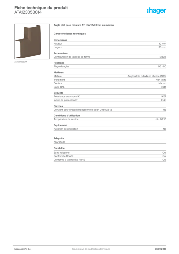 Image Hager Fiche technique du produit ATA123058014 | Hager Belgique
