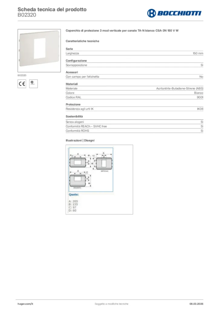 Immagine Bocchiotti Scheda tecnica del prodotto B02320 | Hager Italia
