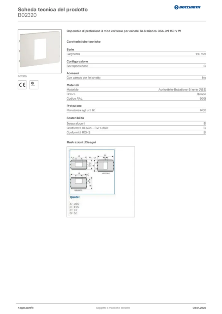 Immagine Bocchiotti Scheda tecnica del prodotto B02320 | Hager Italia