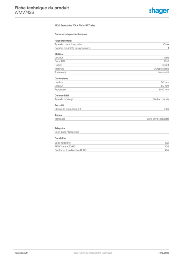 Image Hager Fiche technique du produit WMV742B | Hager France