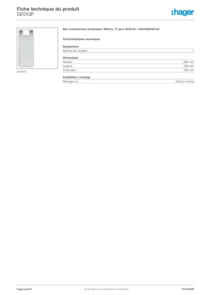 Image Hager Fiche technique du produit GE013P | Hager France