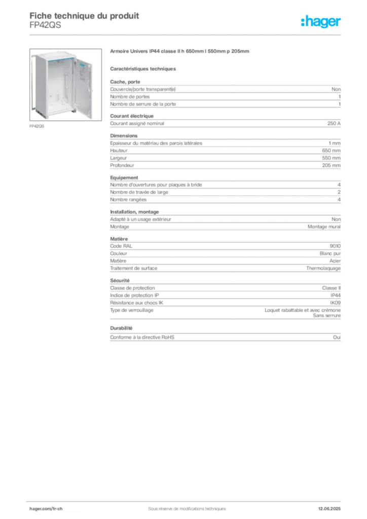 Image Hager Fiche technique du produit FP42QS | Hager Suisse
