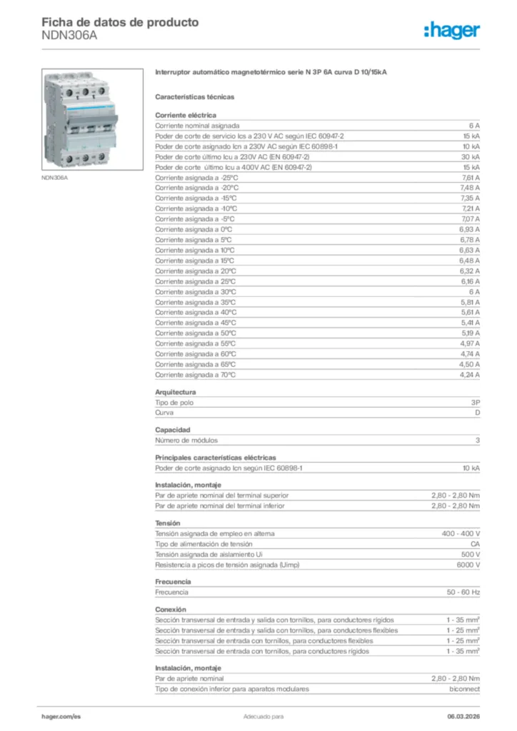 Imagen Hager Ficha de datos de producto NDN306A | Hager España