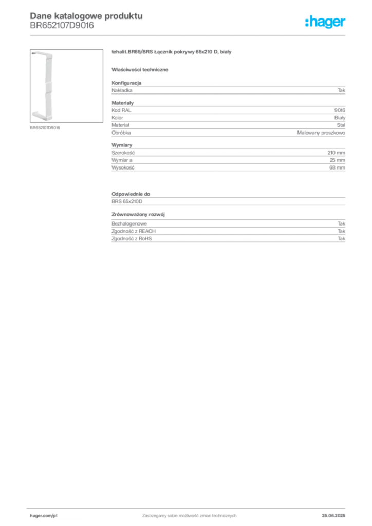 Zdjęcie Hager Karta katalogowa BR652107D9016 | Hager Polska