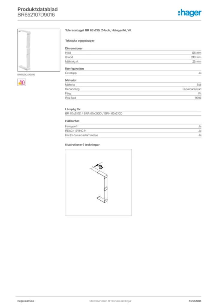 Bild Hager Produktdatablad BR652107D9016 | Hager Sverige