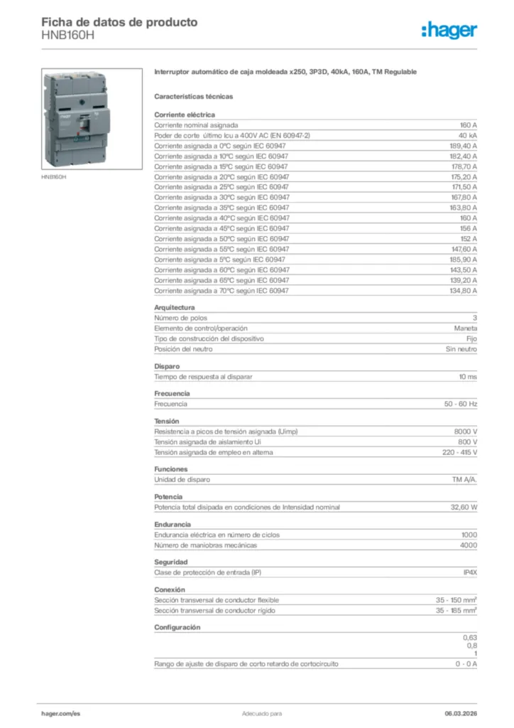 Imagen Hager Ficha de datos de producto HNB160H | Hager España