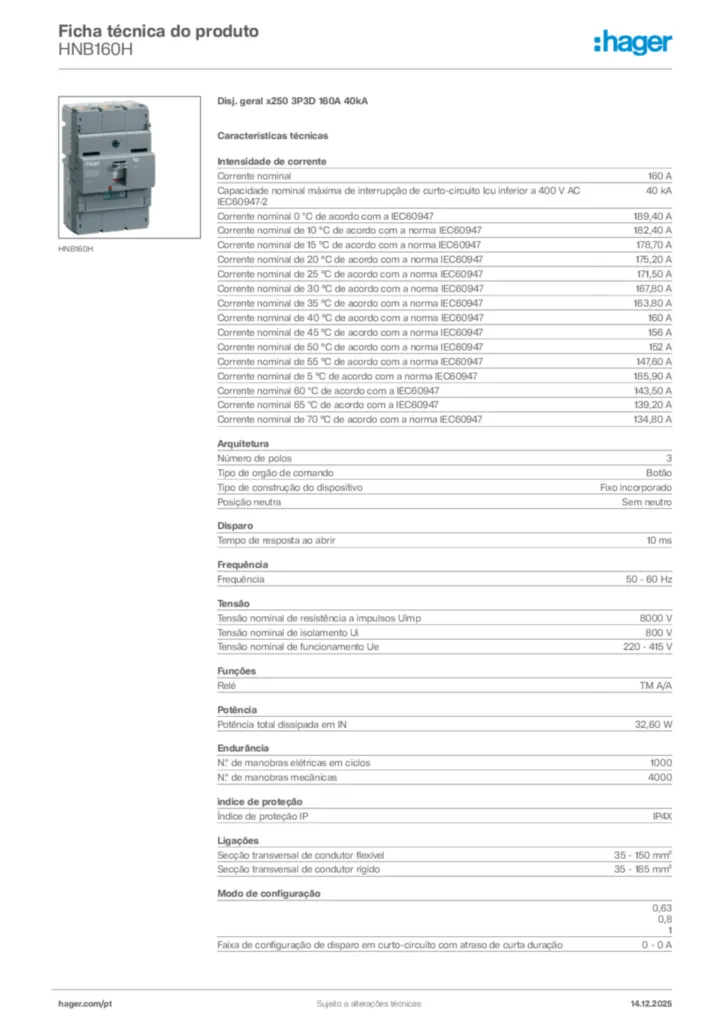 Imagem Hager Ficha técnica do produto HNB160H | Hager Portugal