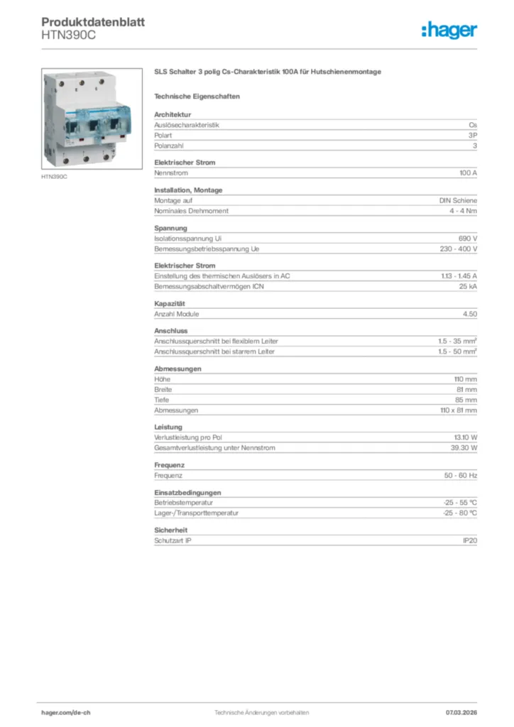 Bild Hager Produktdatenblatt HTN390C | Hager Schweiz