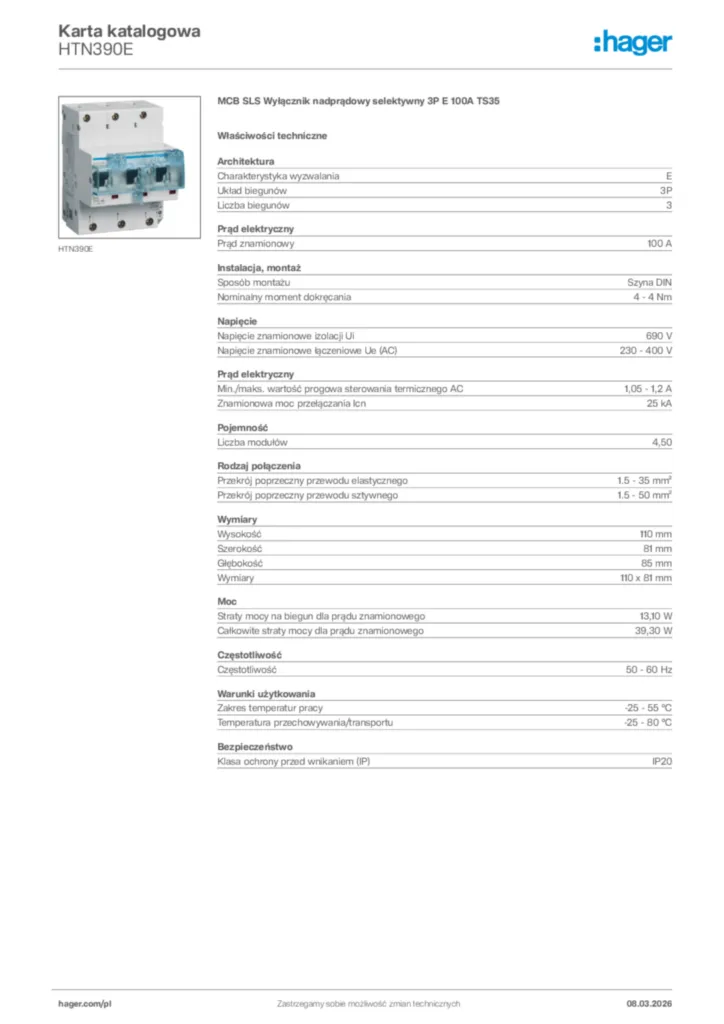 Zdjęcie Hager Karta katalogowa HTN390E | Hager Polska