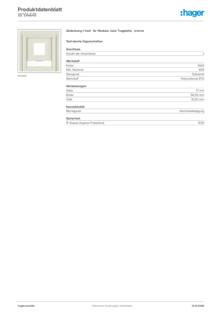 Bild Hager Produktdatenblatt WYA441 | Hager Deutschland