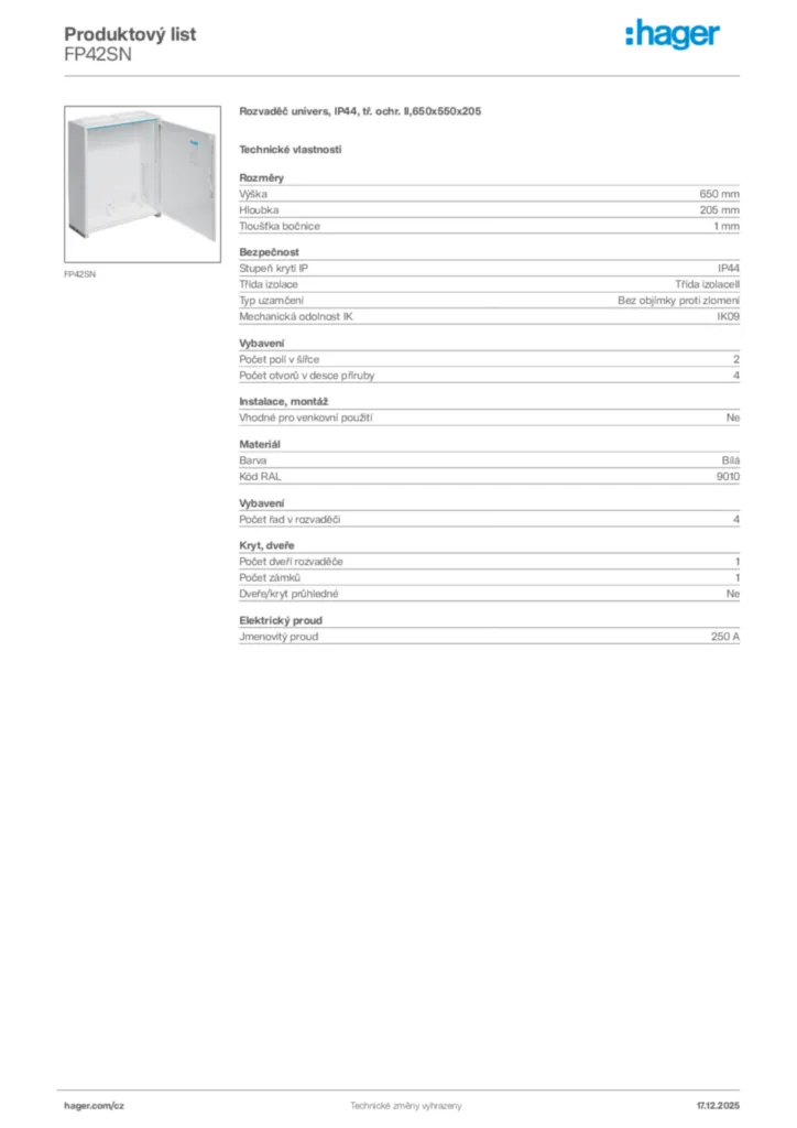 Obrázek Hager Produktový list FP42SN | Hager