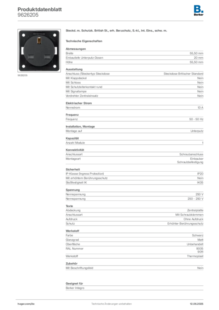 Bild Berker Produktdatenblatt 9626205 | Hager Deutschland
