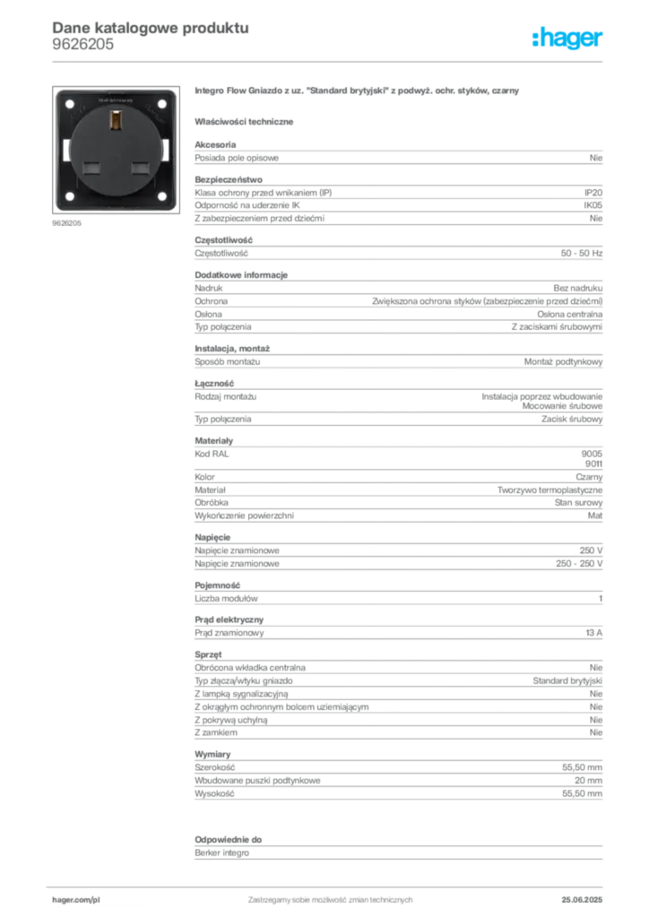 Zdjęcie Hager Karta katalogowa 9626205 | Hager Polska