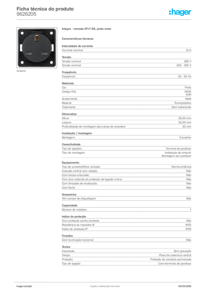 Imagem Hager Ficha técnica do produto 9626205 | Hager Portugal