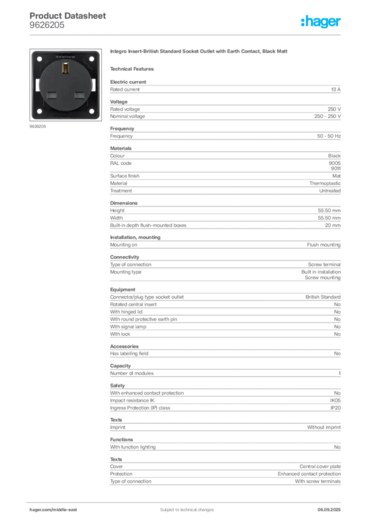 Image Hager Product data sheet 9626205  | Hager