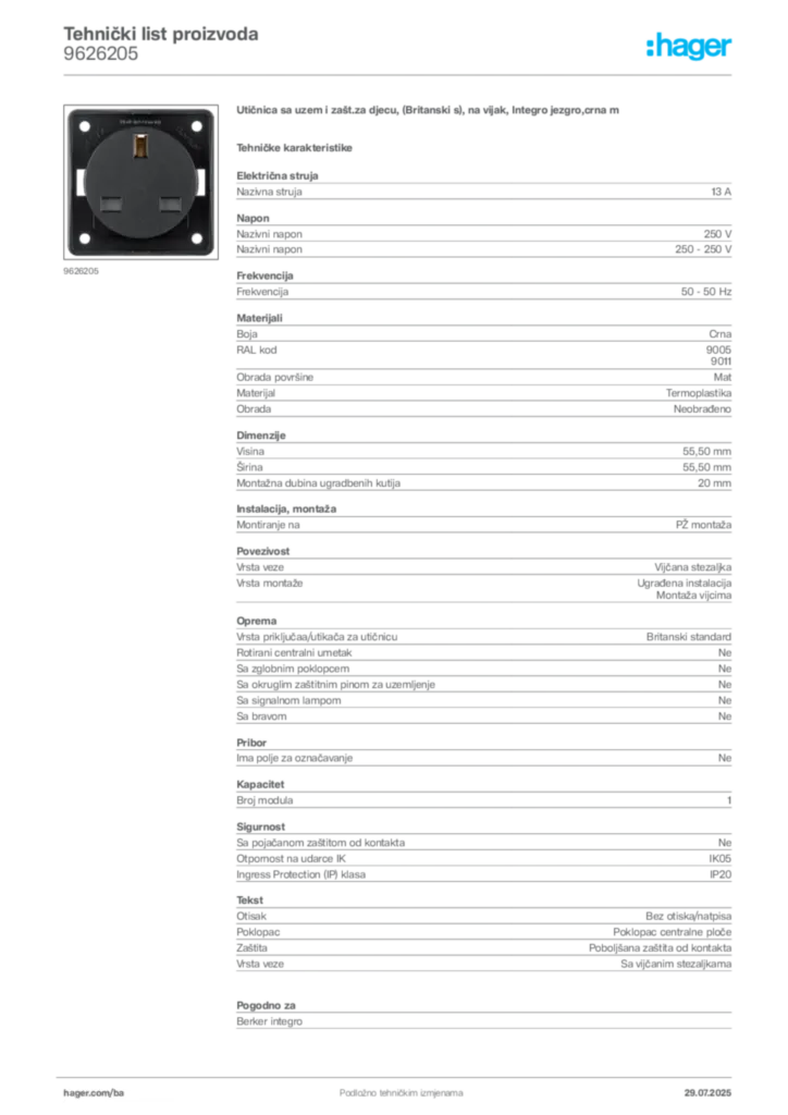 Slika Hager Product data sheet 9626205  | Hager
