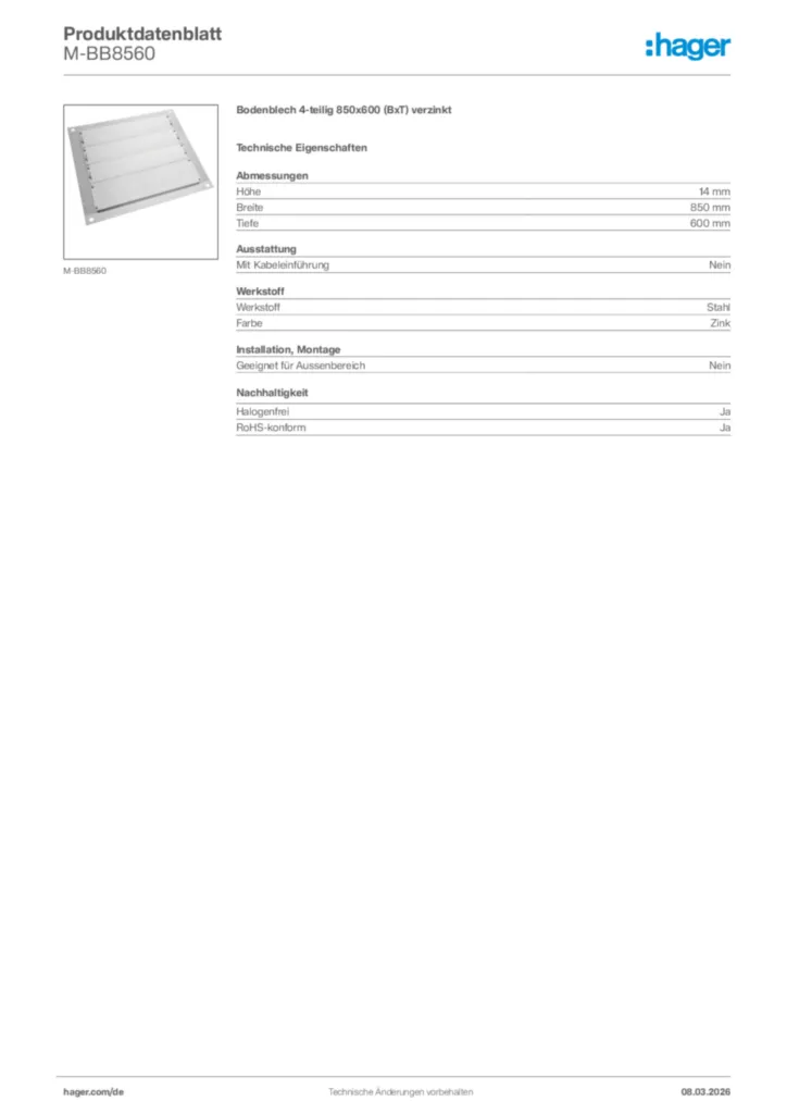 Bild Hager Produktdatenblatt M-BB8560 | Hager Deutschland