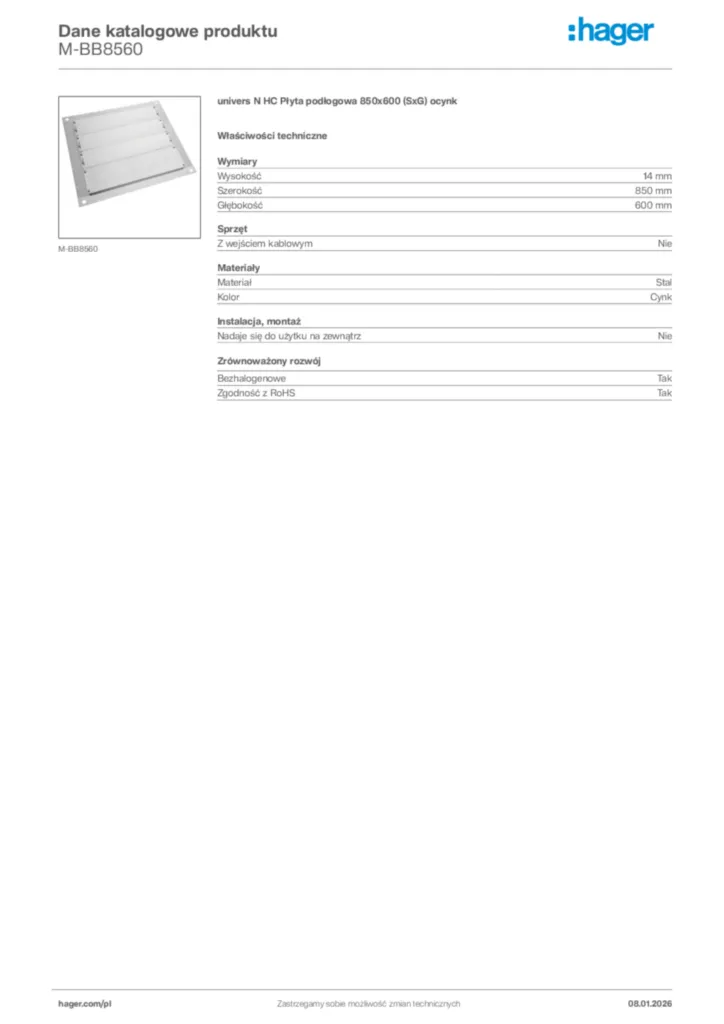 Zdjęcie Hager Karta katalogowa M-BB8560 | Hager Polska