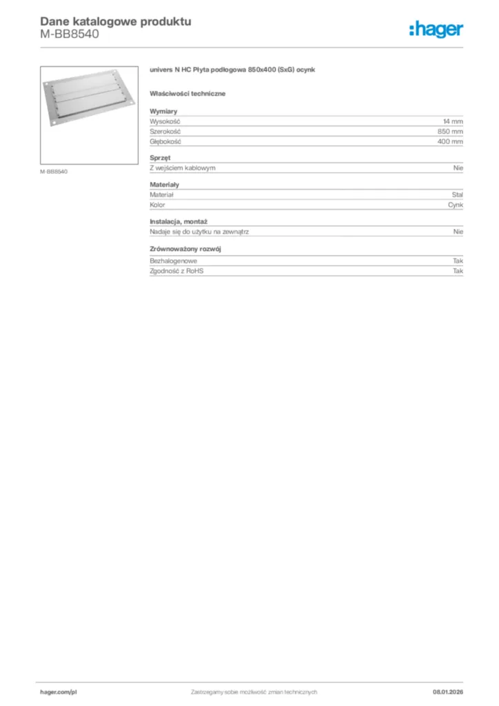 Zdjęcie Hager Karta katalogowa M-BB8540 | Hager Polska