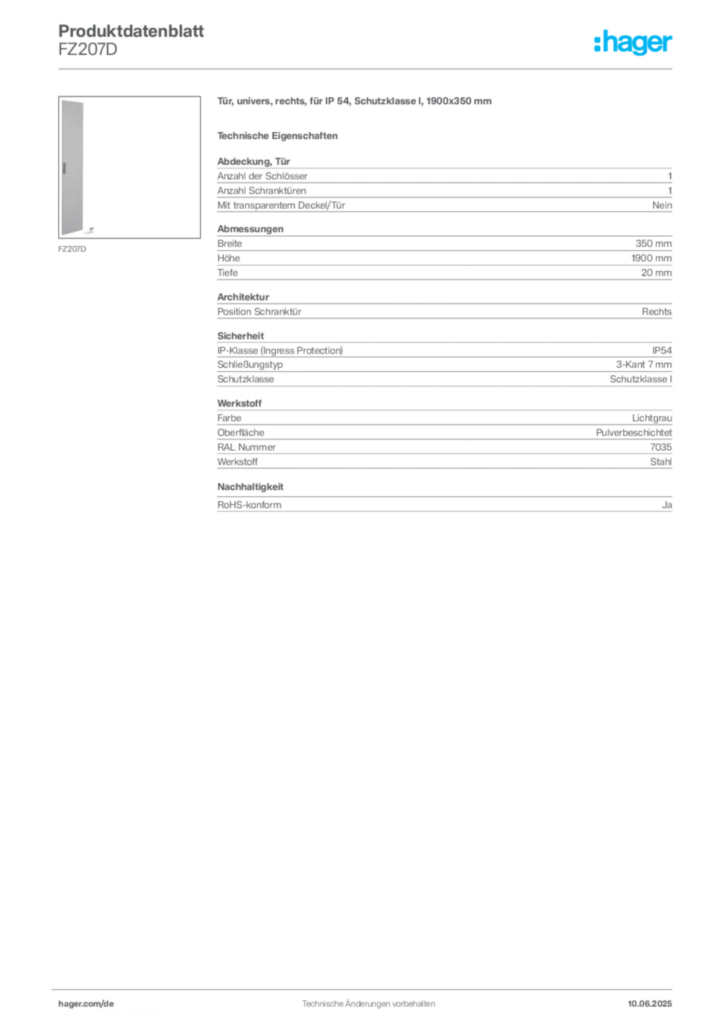 Bild Hager Produktdatenblatt FZ207D | Hager Deutschland