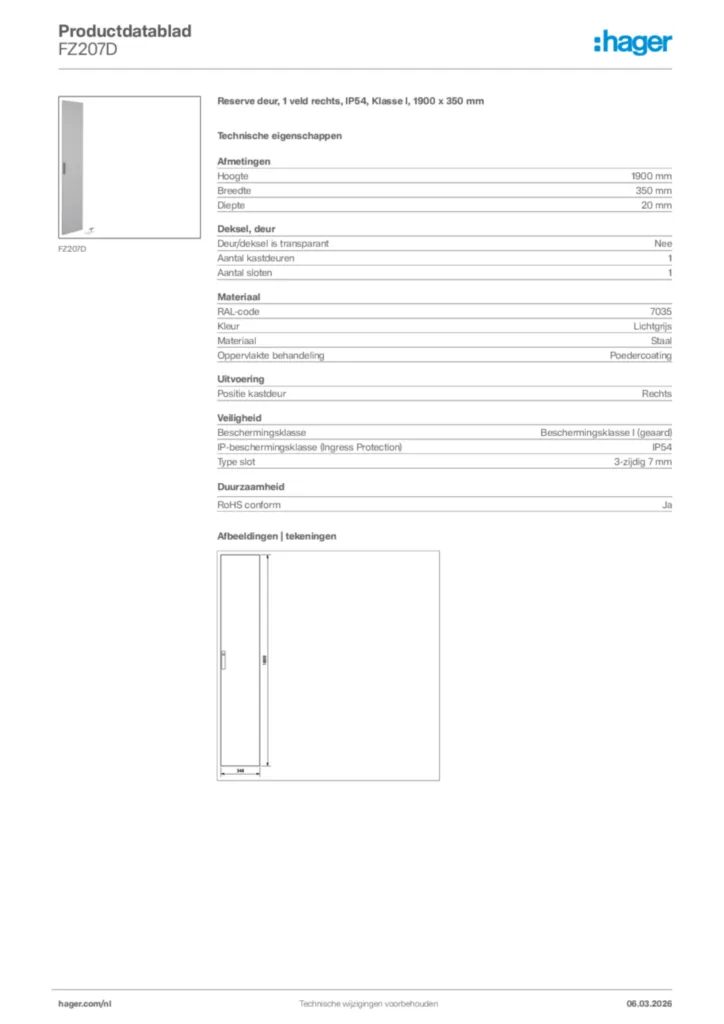Afbeelding Hager Productdatablad FZ207D | Hager Nederland