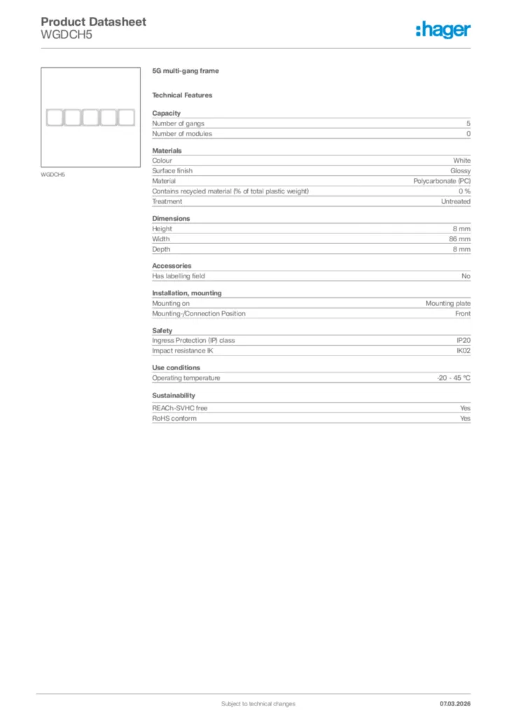 Image Hager Product data sheet WGDCH5  | Hager