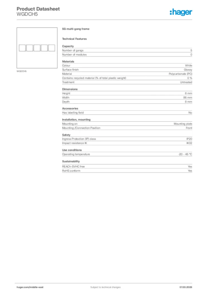 Image Hager Product data sheet WGDCH5  | Hager